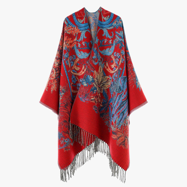 Damen Jacquard‑Gewebter Fransenponcho im Tapisserie‑Look Drune