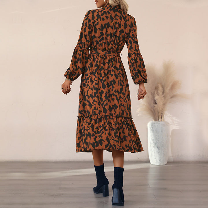 Damen Midi-Kleid mit Gürtel und floralen Akzenten Drune