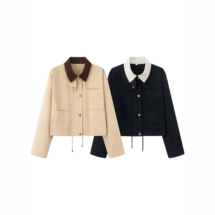 Damen Kurze Boxy-Übergangsjacke mit Cordkragen, Kordelzug und aufgesetzten Taschen Drune