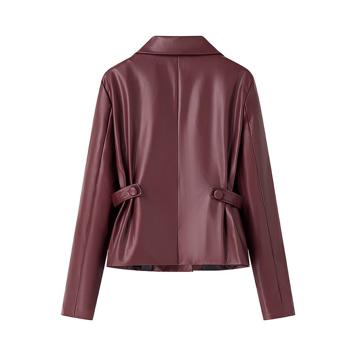 Damen nan tailliertes Doppelreiher-Blazer- und Faltenmini-Set aus veganem Leder Drune