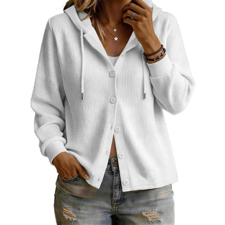 Damen Kapuzenstrickjacke im Waffelstrick mit Knopfleiste Drune