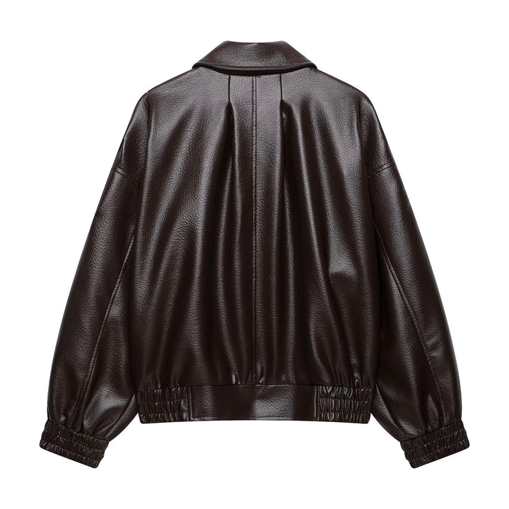 Damen Oversized Kunstleder-Bomberjacke mit Epauletten, elastischem Saum und Eingrifftaschen Drune