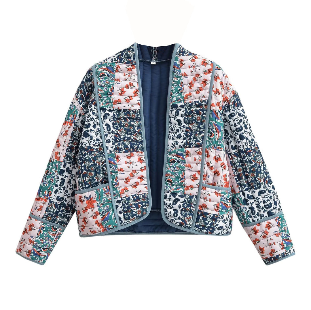 Damen Gesteppte Patchwork‑Steppjacke mit Blumenprint, offener Kimono‑Silhouette und aufgesetzten Taschen Drune