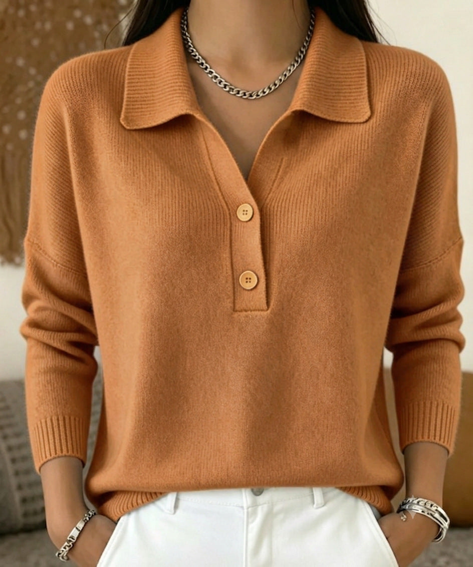 Damen Polokragen-Pullover mit halber Knopfleiste und geripptem Saum Drune