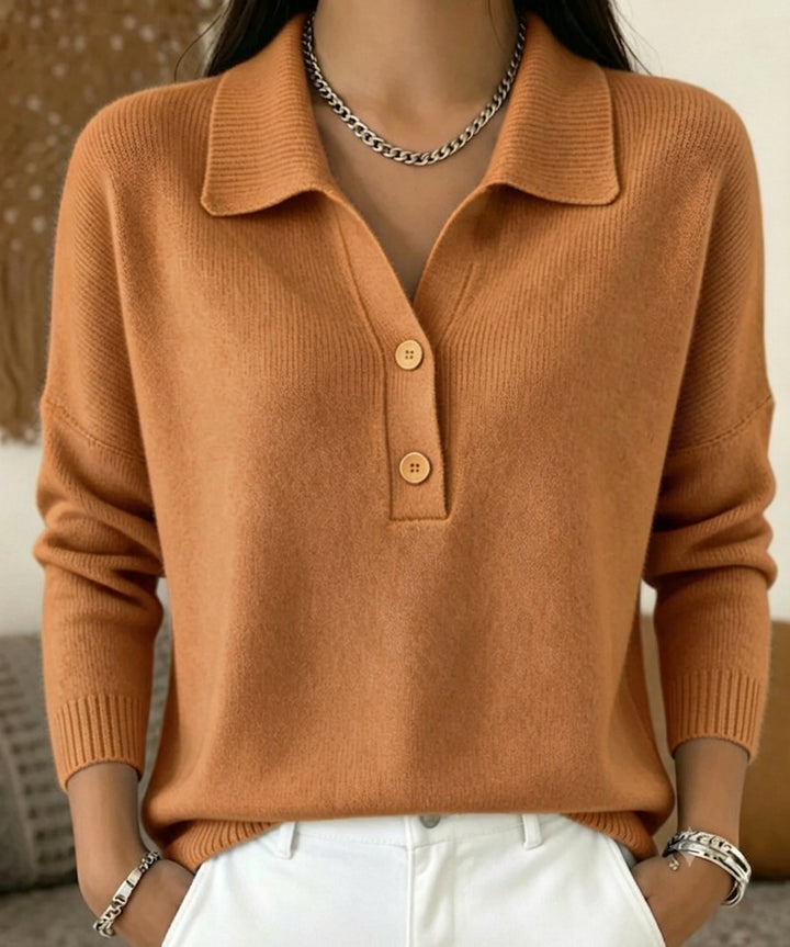 Damen Polokragen-Pullover mit halber Knopfleiste und geripptem Saum Drune