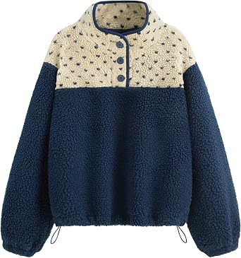 Damen Teddy-Fleece-Pullover mit Stehkragen, Druckknopfverschluss und Kordelzug Drune