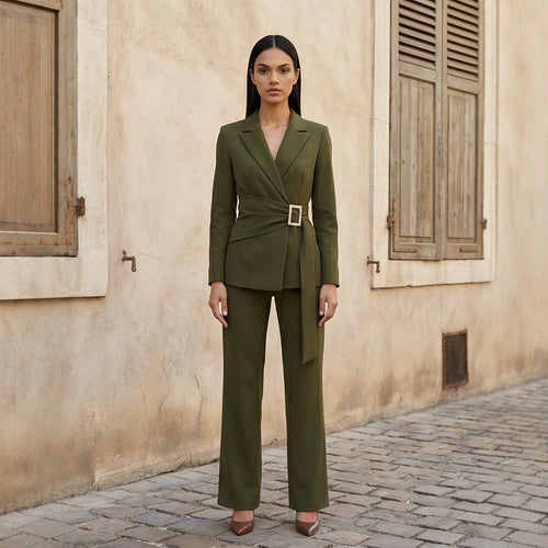 Damen taillierter Wickelblazer mit Perlen-Gürtelschnalle und schlanker Anzughose Drune