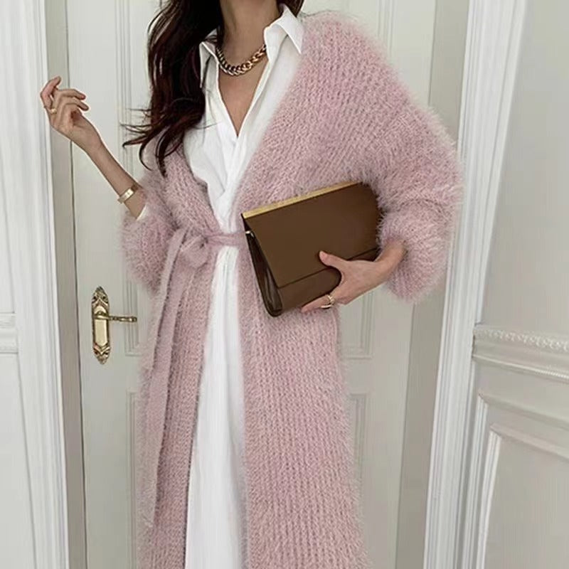 Damen Stylischer Cardigan aus feinem Mohair-Mix mit Bindegürtel Drune