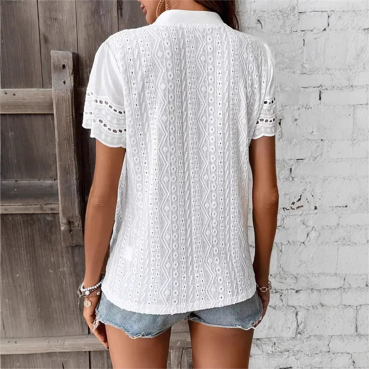 Damen elegantes Kurzarm-Bluse mit feiner Stickerei Drune