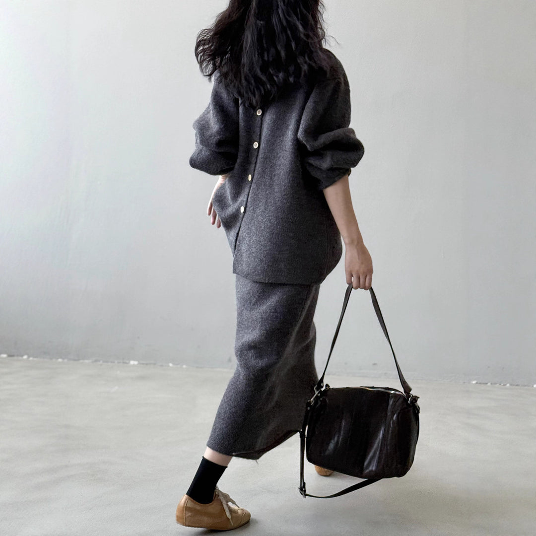 Damen Kuscheliges Strick-Set Oversize-Pullover mit weitem Rundhalsausschnitt und Midirock Drune