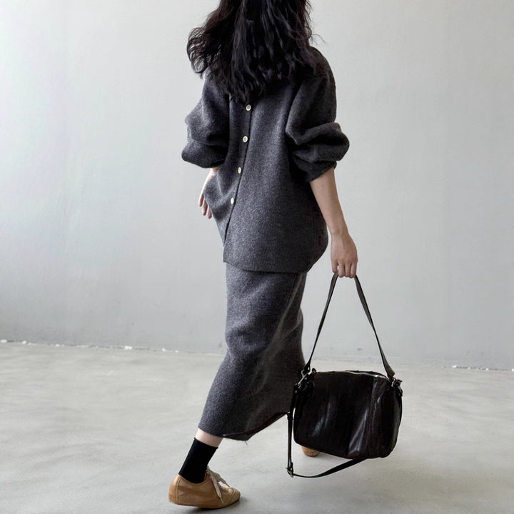 Damen Kuscheliges Strick-Set Oversize-Pullover mit weitem Rundhalsausschnitt und Midirock Drune