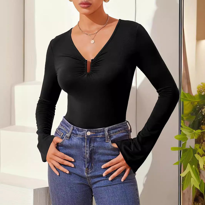 Damen nan tailliertes Langarmshirt mit gerafftem Schlitz-Ausschnitt und spitzem Zipfelsaum Drune