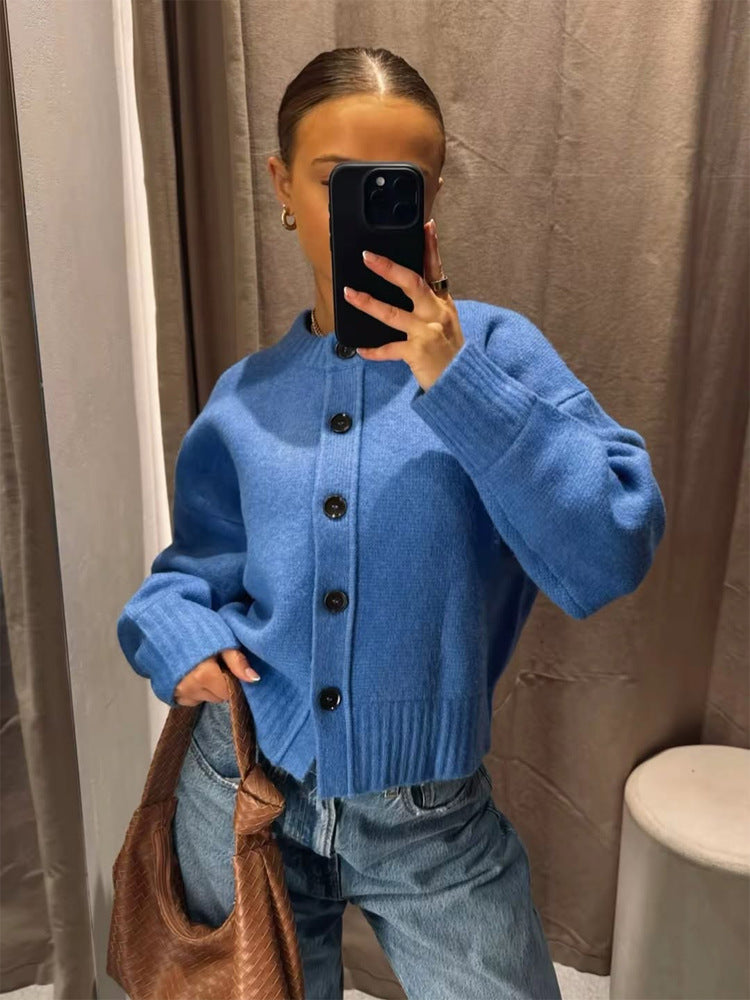 Damen Kurze Boxy-Strickjacke mit großer Knopfleiste, geripptem Saum & Volumenärmeln Drune