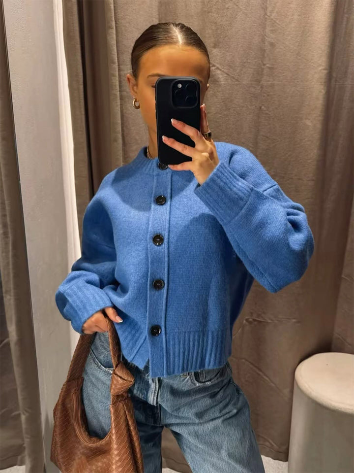 Damen Kurze Boxy-Strickjacke mit großer Knopfleiste, geripptem Saum & Volumenärmeln Drune