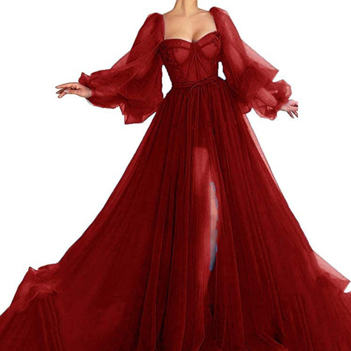 Damen Tüll Abendkleid mit voluminösen Ärmeln und seitlichem Schlitz Drune
