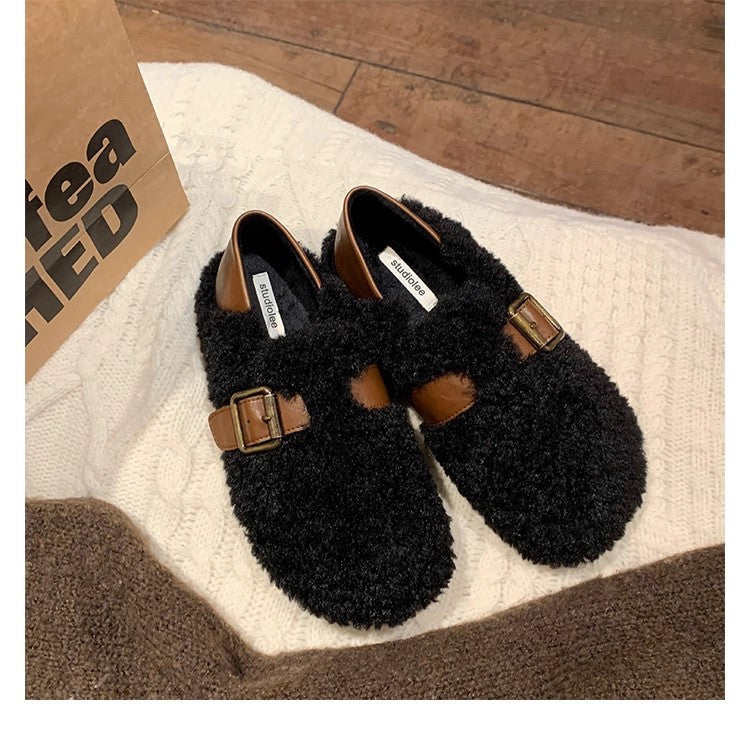 Damen Gefütterte Teddy-Flausch Mules mit verstellbarer Metallschnalle und Fersenriemen Drune