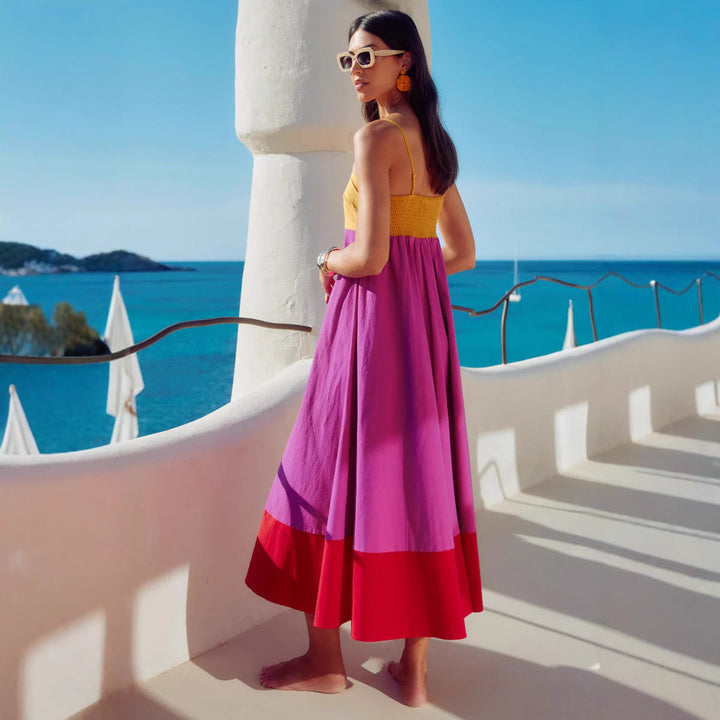 Damen Maxikleid mit farbenfrohem Blockdesign und verstellbaren Spaghettiträgern Drune