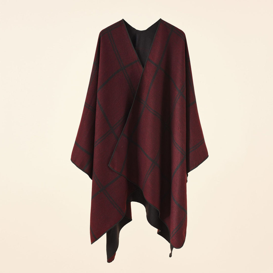 Damen Leichter Karierter Wollmix-Ruana Poncho mit V-Ausschnitt Drune