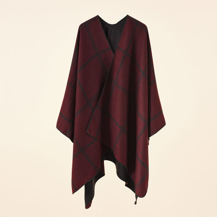 Damen Leichter Karierter Wollmix-Ruana Poncho mit V-Ausschnitt Drune
