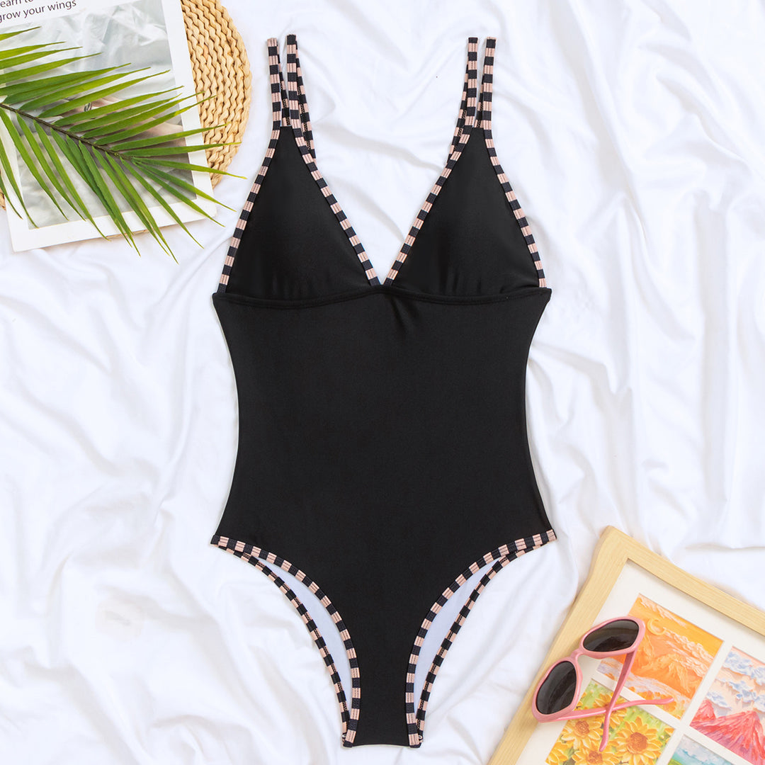 Damen Eleganter Einteiler Badeanzug mit stylischem V-Ausschnitt und Karodetails Drune