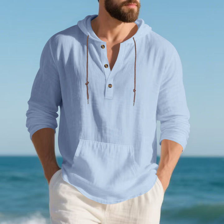 Herren nan leichtes Leinen-Henley-Kapuzenoberteil mit Kängurutasche und lässigem Relax-Fit Drune
