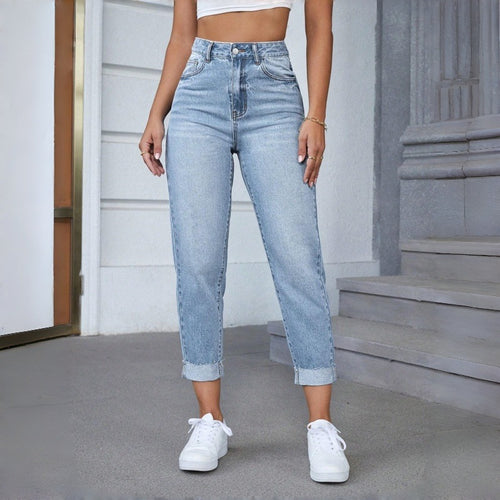 Damen Hochgeschnittene Jeans mit ausgefranztem Saum Drune