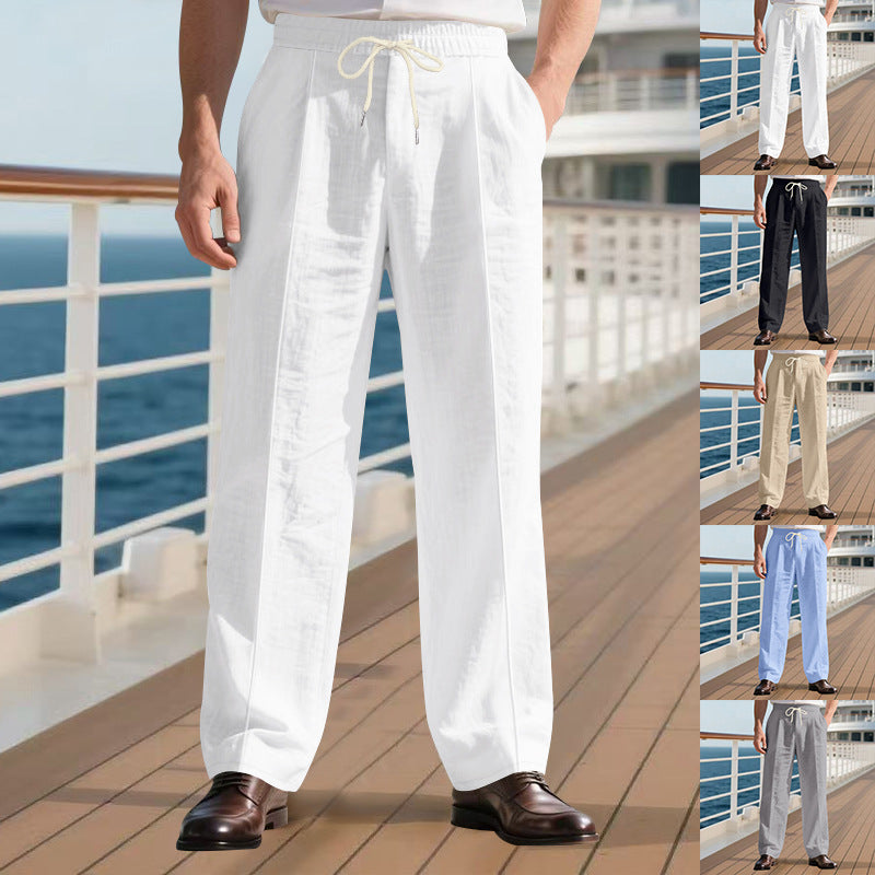 Herren nan legere Leinen-Bundfaltenhose mit elastischem Bund und Kordelzug Drune
