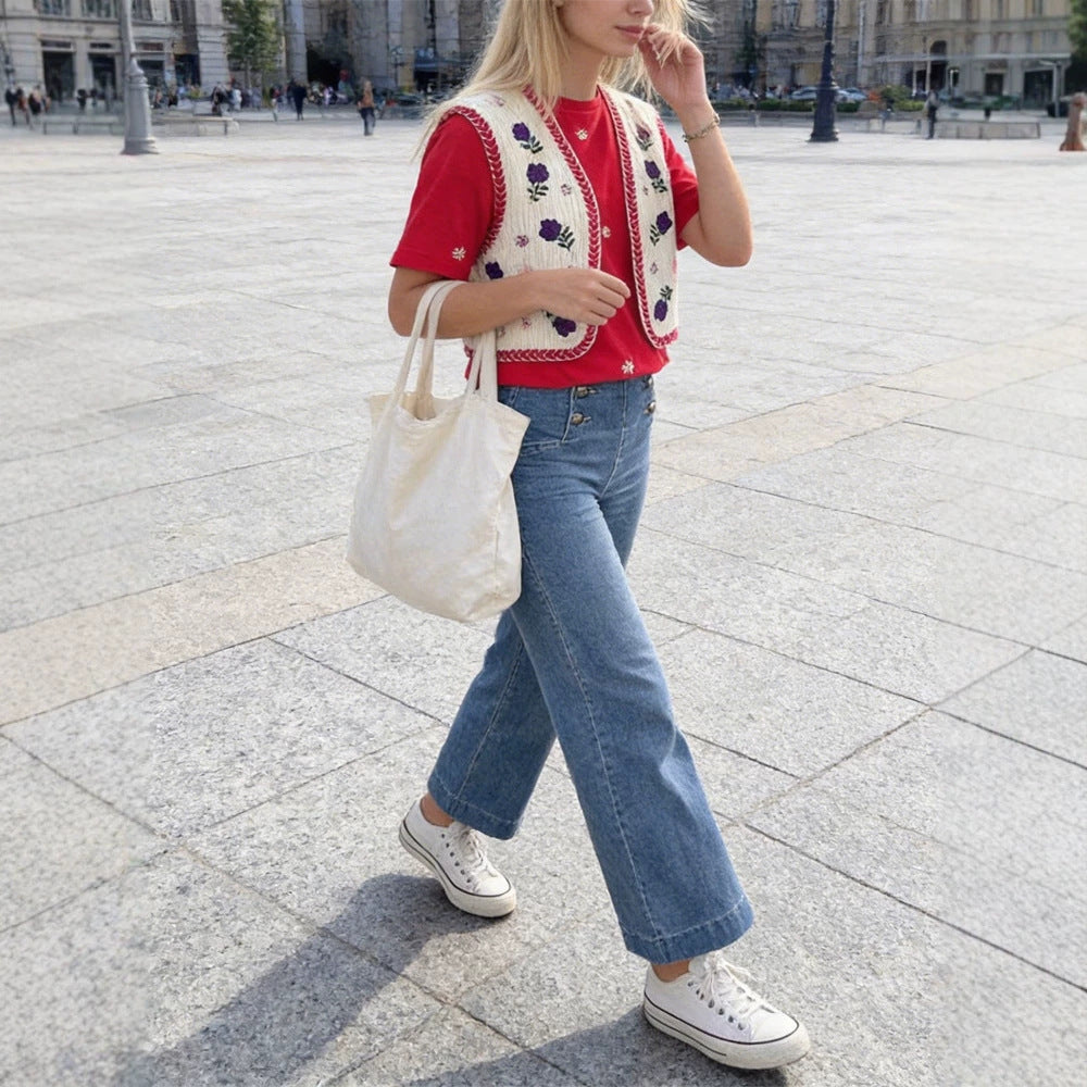 Damen Bestickte Kurz-Weste im Boho‑Chic mit floralen Applikationen Drune