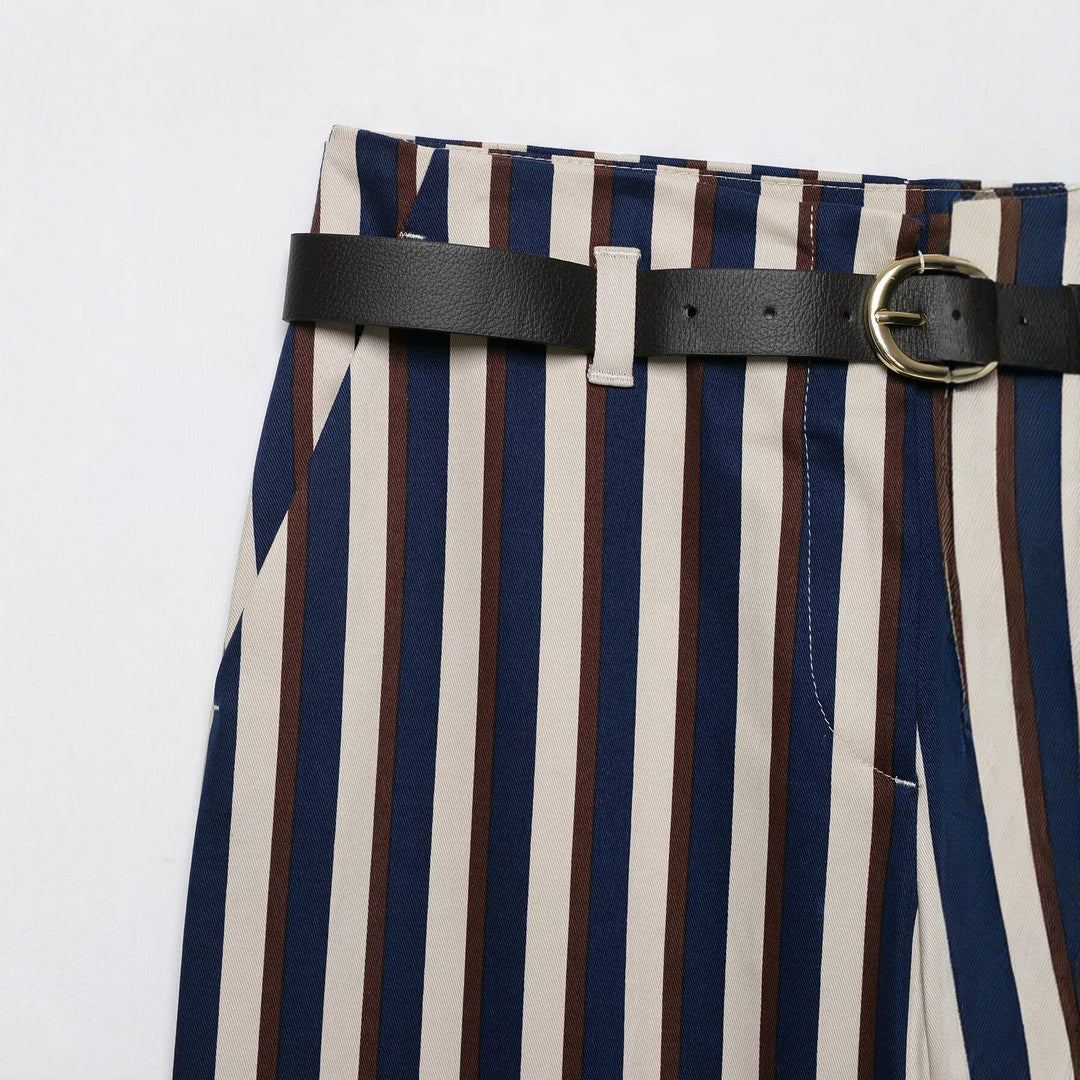 Damen Weite High‑Waist Culotte‑Hose mit verticalem Streifenmuster und Ziergürtel Drune