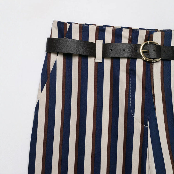 Damen Weite High‑Waist Culotte‑Hose mit verticalem Streifenmuster und Ziergürtel Drune