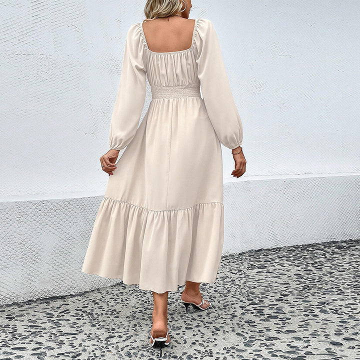 Damen gerafftes Midikleid mit Smok-Taillenbund, eckigem Ausschnitt, langen Puffärmeln und stufigem Volantrock Drune
