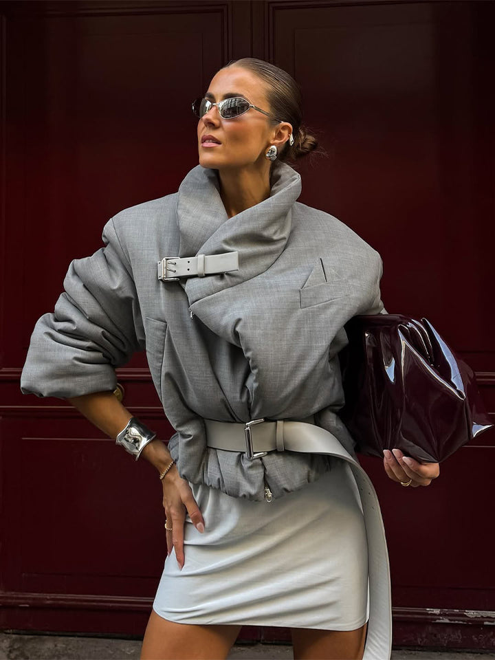 Damen wattierter Oversize-Blazer mit hohem Schalkragen und Taillengürtel Drune