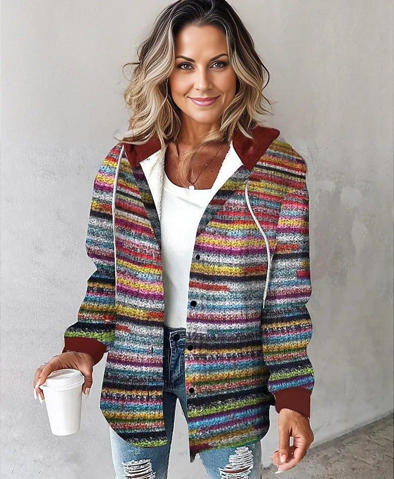 Damen Kapuzencardigan mit Streifen und Druckknopfblende Drune