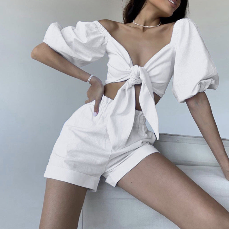 Damen Stylisches Zweiteiliges Set mit puffärmeln und Krawatte Drune