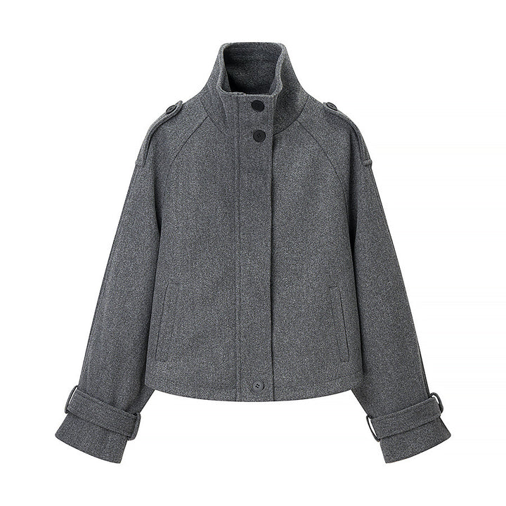 Damen Kurz geschnittene Wollmix-Croppedjacke mit Stehkragen, Schulterklappen und verstellbaren Ärmelriemen Drune