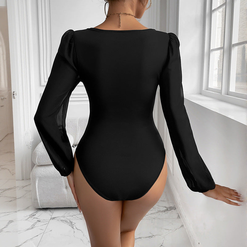 Damen Eleganter Bodys mit V-Ausschnitt und Puffärmeln Drune
