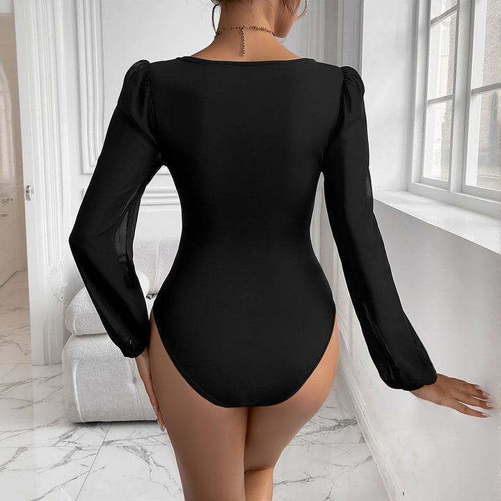 Damen Eleganter Bodys mit V-Ausschnitt und Puffärmeln Drune