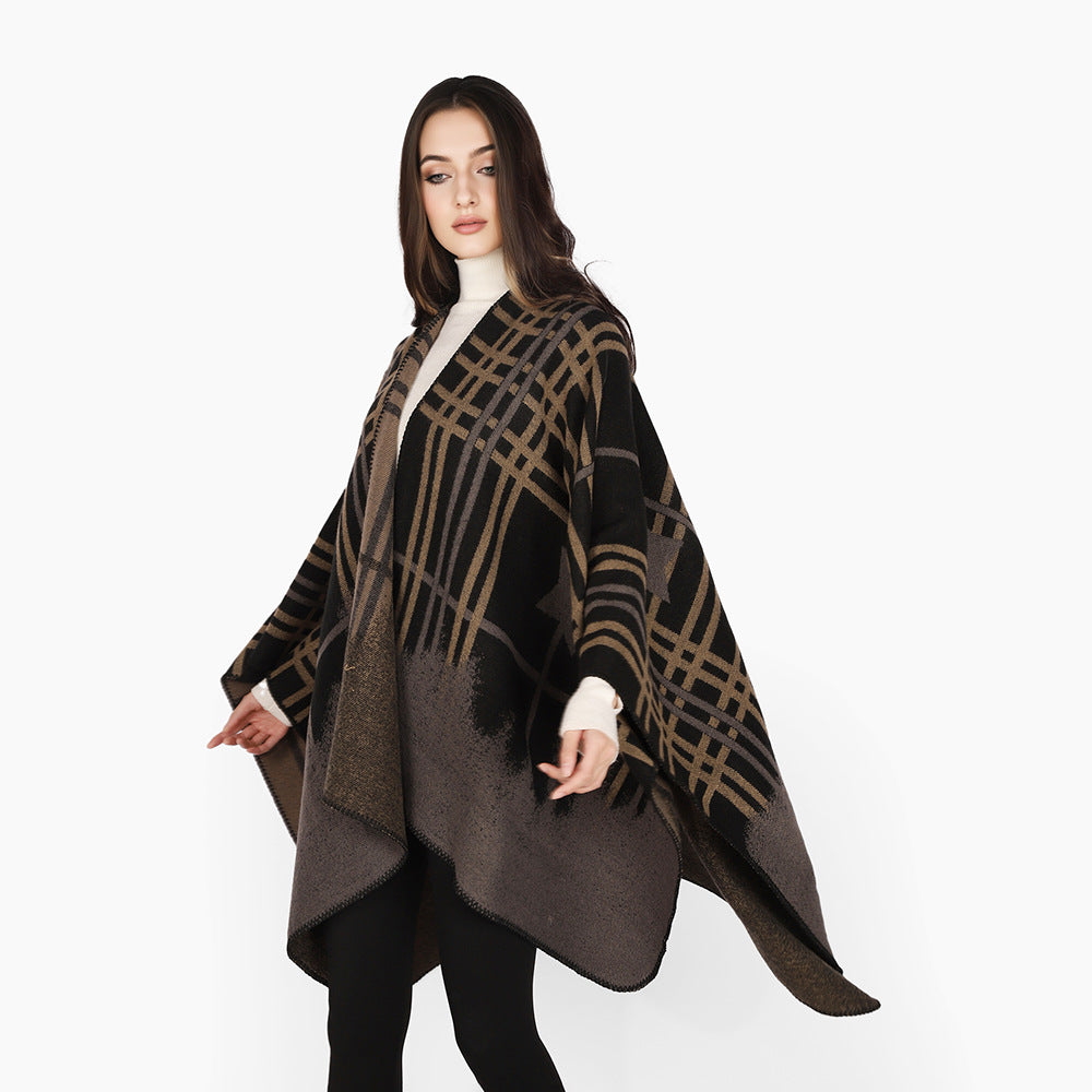 Damen Oversize-Capeponcho aus Wollmix mit Stern- und Karojacquard und weichfallendem Fall Drune
