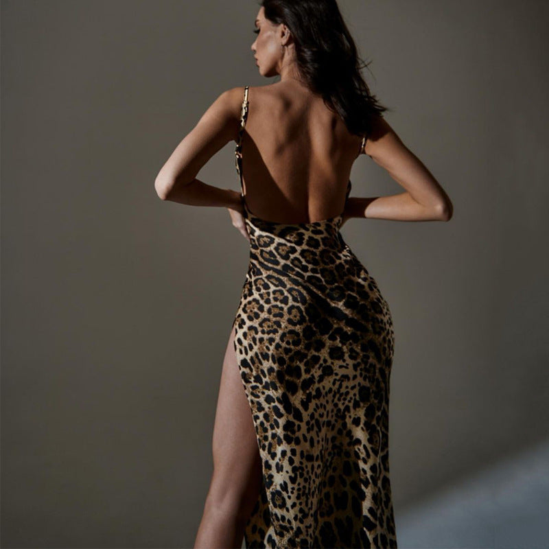 Damen Elegantes Maxikleid mit Leopardenmuster und sexy Schlitz Drune