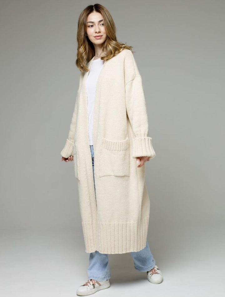 Damen bequemer langer Strickcardigan mit Taschen und breiten Ärmeln Drune