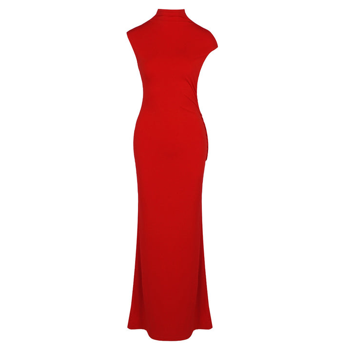Damen stilvolles Maxikleid mit asymmetrischem Schnitt und hohem Stehkragen Drune