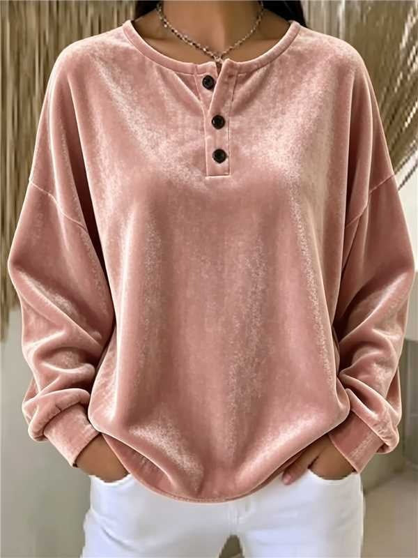 Damen Lässiges Oversize Samt-Henleyshirt mit Knopfleiste Drune