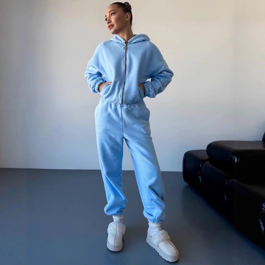 Damen kuscheliges Fleece-Hoodie und Jogginghose Lounge-Set mit Reißverschluss Kapuze elastischem Bund Drune