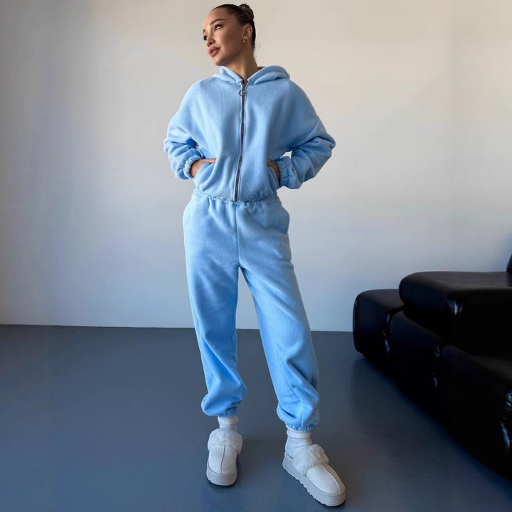Damen kuscheliges Fleece-Hoodie und Jogginghose Lounge-Set mit Reißverschluss Kapuze elastischem Bund Drune