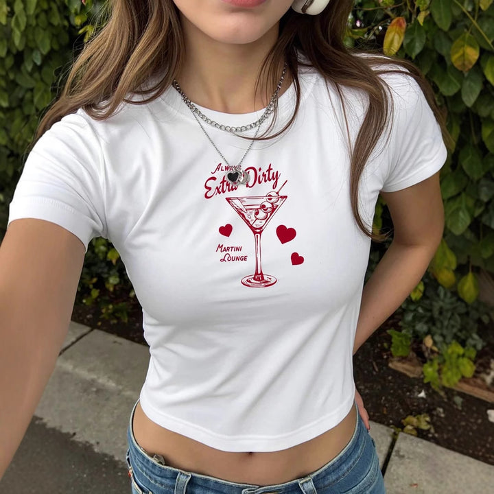 Damen Crop-T-Shirt mit kreativem Cocktail-Print und figurbetontem Schnitt Drune