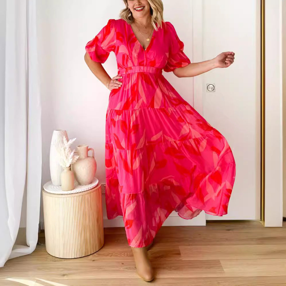 Damen nan ausgestelltes Maxikleid mit V-Ausschnitt, elastischer Unterbrustnaht und gestuftem Rock Drune