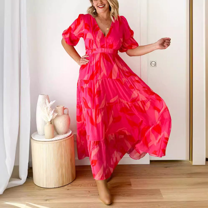Damen nan ausgestelltes Maxikleid mit V-Ausschnitt, elastischer Unterbrustnaht und gestuftem Rock Drune