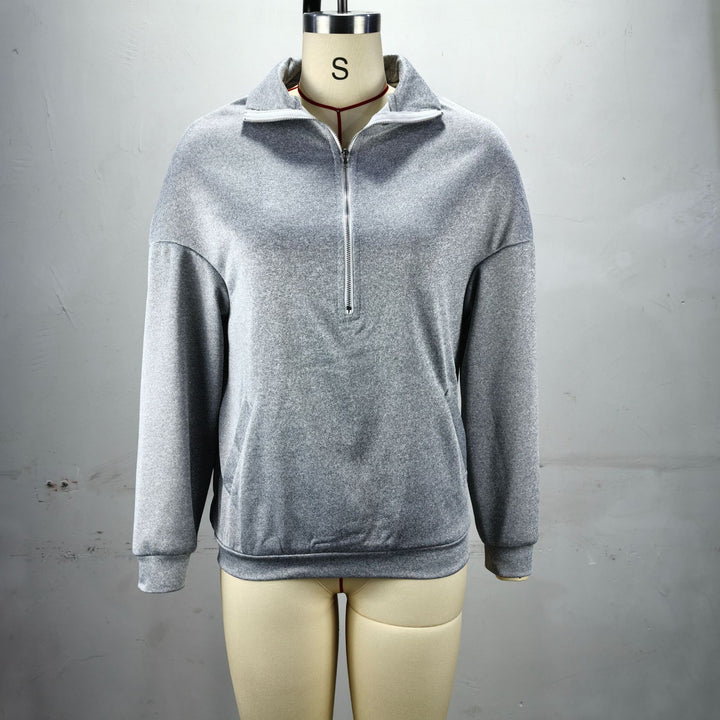 Damen lässiger Sweatpulli mit halbem Reißverschluss und Seitentaschen Drune