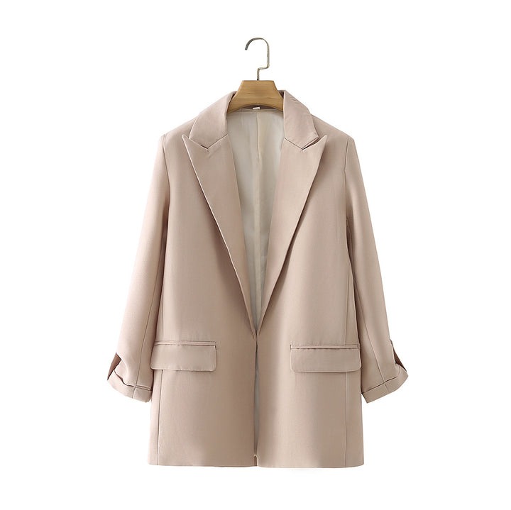 Damen nan lang geschnittener Oversize-Blazer mit weitem Revers aufgesetzten Pattentaschen und krempelbaren Ärmeln Drune