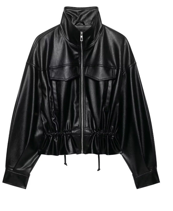 Damen Cropped Kunstleder‑Blouson mit Stehkragen, Pattentaschen und Tunnelzugtaillierung Drune